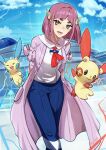  1girl arms_behind_back blue_sky blueberry_academy_school_uniform brown_hair butterfly_wings cardigan cloud denim electricity gem_hair_ornament hair_ornament highres insect_wings jeans lacey_(pokemon) looking_at_viewer minun open_mouth pants pink_cardigan pink_hair plusle pokemon pokemon_(creature) pokemon_sv ryairyai school_uniform short_hair sky smile sparkle structure white_uniform wings 