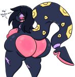 anthro big_breasts big_butt black_body black_hair breasts butt english_text female generation_3_pokemon hair hi_res huge_butt lewdchuu_(artist) nintendo pink_eyes pokemon pokemon_(species) rear_view seviper simple_background solo tail text white_background