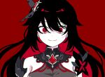  1girl bare_shoulders black_hair breasts closed_mouth commentary_request dduehddueh dress grey_dress hair_between_eyes honkai_(series) honkai_impact_3rd korean_commentary long_hair looking_at_viewer medium_breasts multicolored_hair red_background red_eyes red_hair seele_(alter_ego) seele_vollerei smile solo two-tone_hair upper_body 
