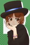  1girl absurdres alternate_costume black_headwear black_shirt bracelet brown_eyes brown_hair closed_mouth commentary girls_und_panzer green_background hat highres jewelry long_sleeves looking_at_viewer midori_no_gomamugi nishizumi_miho shirt short_hair smile solo top_hat veil 