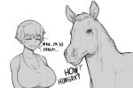  1girl animal breasts cleavage closed_eyes collarbone english_commentary english_text hatching_(texture) horse how_hungry..._(meme) huge_breasts hungry meme original short_hair simple_background sketch speedl00ver talking_animal tank_top white_background 