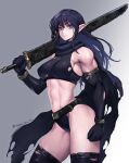 1girl abs armlet belt black_hair black_scarf bracelet crop_top elbow_gloves elf gloves jewelry long_hair muscular muscular_female original pointy_ears purple_eyes scarf signature smile solo sword takebouzu toned torn_clothes weapon 