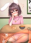  1girl ^^^ animal_ears animal_print black_hair blush bowl breasts brown_eyes carrot_necklace closed_mouth commentary_request floppy_ears food fruit hand_on_own_cheek hand_on_own_face hanging_scroll head_tilt highres inaba_tewi jewelry kasoka_soka kotatsu looking_at_viewer mandarin_orange medium_bangs medium_breasts necklace nose_blush panties pink_panties rabbit_ears rabbit_girl rabbit_print scroll short_hair sitting smile solo striped_clothes striped_panties table touhou underwear white_panties 