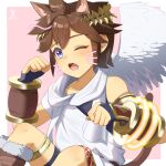  1boy absurdres angel angel_wings animal_ears blue_eyes brown_hair cat_day cat_ears cat_tail collarbone drawn_whiskers highres kid_icarus kid_icarus_uprising laurel_crown looking_at_viewer male_focus one_eye_closed open_mouth pit_(kid_icarus) scarf solo tail white_scarf wings yukiarashi_1103 