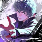  1boy abstract_background amamiya_ren an_kyoung black_coat black_hair coat eyelashes gloves grey_eyes high_collar highres korean_commentary long_sleeves male_focus messy_hair parted_lips persona persona_5 reaching reaching_towards_viewer red_gloves short_hair solo 