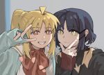  2girls ahoge black_sweater blonde_hair blue_hair blue_sweater blurry blurry_background bocchi_the_rock! bow bowtie bright_pupils chinese_commentary closed_mouth commentary_request hand_on_own_chin highres ijichi_nijika long_hair looking_at_viewer medium_hair multiple_girls open_mouth red_bow red_bowtie red_eyes sailor_collar school_uniform selfie serafuku side_ponytail sleeves_past_wrists smile stroking_own_chin sweater thinking v white_pupils white_sailor_collar yamada_ryo yanlingjinshilihuahua yellow_eyes 