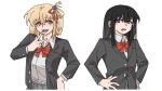  2girls annoyed black_hair black_jacket blonde_hair bright_pupils chinese_commentary collared_shirt commentary_request grey_skirt hair_ribbon hands_on_own_hips highres inoue_takina jacket long_hair long_sleeves looking_at_another lycoris_recoil medium_hair multiple_girls nishikigi_chisato one_side_up open_clothes open_jacket open_mouth orange_eyes pleated_skirt purple_eyes red_ribbon ribbon school_uniform shirt simple_background skirt smile upper_body v white_background white_pupils white_shirt yanlingjinshilihuahua 