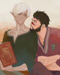  2boys arm_hair beard black_hair book chest_tattoo dadasaku dark-skinned_male dark_skin dragon_age dragon_age_2 elf eye_contact facial_hair facial_mark fenris_(dragon_age_2) full_beard garrett_hawke head_on_another&#039;s_shoulder head_rest holding holding_book looking_at_another male_focus multiple_boys neck_tattoo pointy_ears short_hair smile tattoo upper_body white_hair yaoi 