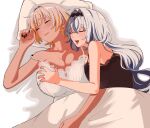 2girls black_nails black_negligee blonde_hair blush breasts closed_eyes closed_mouth collarbone grabbing grabbing_another&#039;s_breast grey_hair grey_nails hair_intakes hair_ornament highres large_breasts long_hair luvdia multicolored_hair multiple_girls negligee open_mouth osg_pk park_dona pillow second-party_source short_hair sleeping strap_slip streaked_hair tan under_covers virtual_youtuber vlyz white_negligee yun_eze yuri 