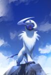  absol claws closed_eyes cloud day fangs from_below highres likey no_humans open_mouth outdoors pokemon pokemon_(creature) sky solo standing white_fur 