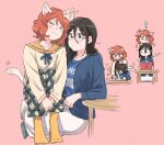  ! amano_shin animal_ears argyle argyle_pants blue_eyes blue_jacket blue_shirt brown_hair casual cat_ears cat_girl cat_tail chibi glasses green_pants hibike!_euphonium highres jacket multiple_views oumae_kumiko pants red-framed_eyewear red_background shirt spoken_exclamation_mark striped_background tail tanaka_asuka white_pants yellow_jacket 