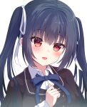  1girl :d akane_sora129 black_hair blue_bow blue_ribbon blush bow brown_jacket clenched_hand close-up collared_shirt commentary_request eyelashes eyes_visible_through_hair hair_between_eyes hair_ribbon hand_up highres honma_misuzu jacket long_hair looking_at_viewer neck_ribbon open_mouth red_eyes ribbon sakura_no_toki sakura_no_uta school_uniform shirt simple_background smile solo tsurime twintails white_background white_ribbon white_shirt 