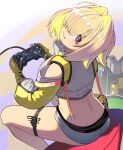  1girl :3 bfg_9000 black_sports_bra blonde_hair breasts butt_crack clothing_cutout controller crop_top crop_top_overhang cropped_sweater doom_(2005_movie) doom_(series) elegg_(nikke) exposed_pocket fang fanny_pack fingerless_gloves game_controller gloves goddess_of_victory:_nikke grey_shorts hair_intakes hair_over_one_eye highres holding holding_controller holding_game_controller large_breasts long_bangs looking_back multicolored_clothes multicolored_gloves multicolored_hair playing_games polka_dot polka_dot_background projected_inset purple_eyes shorts shoulder_cutout sitting solo sports_bra suspender_shorts suspenders syope thigh_strap two-tone_hair 