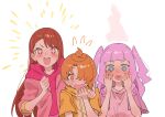  1boy 2girls absurdres arm_around_shoulder blush brown_hair ellee-chan embarrassed excited hair_over_one_eye heart heart_in_mouth highres hijiri_ageha hirogaru_sky!_precure long_hair multiple_girls open_mouth orange_hair pink_hair precure purple_eyes short_hair simple_background sipeiren smile sparkling_eyes sweater teeth upper_teeth_only white_background yuunagi_tsubasa 