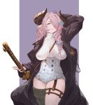  1girl absurdres asymmetrical_legwear black_coat blue_eyes blush braid breasts coat draph granblue_fantasy hair_ornament hair_over_one_eye highres horns katana large_breasts long_hair looking_at_viewer narmaya_(granblue_fantasy) open_mouth pink_hair pointy_ears single_thighhigh solo sweater sword thigh_strap thighhighs turtleneck turtleneck_sweater very_long_hair weapon white_sweater yu_pian 