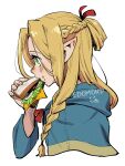  1girl blonde_hair blue_robe braid bright_pupils commentary dungeon_meshi edomon-do elf food food_in_mouth food_on_face french_braid from_side green_eyes hair_ribbon highres holding holding_food long_hair marcille_donato pointy_ears profile red_ribbon ribbon robe sandwich simple_background solo twin_braids upper_body white_background white_pupils 