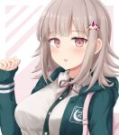  1girl :o black_shirt blush breasts brown_hair collared_shirt danganronpa_(series) danganronpa_2:_goodbye_despair dress_shirt flipped_hair galaga green_jacket hair_ornament hand_up highres jacket large_breasts long_sleeves medium_hair nanami_chiaki neck_ribbon open_clothes open_jacket pink_eyes red_ribbon ribbon shirt solo white_shirt yuunagi_(yunagi1373) 