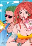  1boy 1girl armlet blue_sky blue_tank_top breasts camisole commentary_request drinking_straw drinking_straw_in_mouth earrings floating_hair green_hair jewelry long_hair looking_to_the_side nami_(one_piece) necklace night_yoru one_piece orange_eyes roronoa_zoro scar scar_across_eye sky sunglasses tank_top upper_body v-shaped_eyebrows 