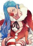  1boy black_bow blue_hair bow buggy_the_clown cape cleavage_cutout clothing_cutout clown clown_nose fur-trimmed_cape fur_trim long_hair makeup male_focus mochika one_piece pom_pom_(clothes) red_cape red_lips red_nose santa_costume sitting solo striped_clothes striped_thighhighs sweat teeth thighhighs 