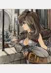  1boy 1girl 2others adelbert_steiner arch arm_armor armor beatrix_(ff9) black_eyes breastplate breasts brown_eyes brown_hair castle center_opening chest_strap cleavage commentary cuirass curly_hair dress elbow_rest eyepatch facing_to_the_side faulds final_fantasy final_fantasy_ix fingerless_gloves flag from_side full_armor gauntlets gloves grey_dress hat_feather highres leaning leather_belt light_smile long_hair looking_at_another morion multiple_others oversized_belt running sabaton serious sleeveless sleeveless_dress sleeveless_duster solo_focus stone_floor stone_wall tapestry uzutanco vambraces water window 