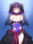  1girl absurdres black_dress blush bouquet braid breasts breasts_out bridal_gauntlets bridal_veil bride dress folks_(nabokof) highres holding holding_bouquet looking_at_viewer mole mole_under_eye purple_eyes purple_hair smile solo strapless strapless_dress symonne_(tales) tales_of_(series) tales_of_zestiria twintails veil wedding_dress 