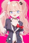  1girl :d bear_hair_ornament black_bra black_necktie black_shirt blue_eyes bow bra breasts cleavage danganronpa:_trigger_happy_havoc danganronpa_(series) enoshima_junko hair_ornament hand_up highres large_breasts minase_(wakame_07280) necktie pink_background red_bow shirt shirt_bow short_sleeves simple_background smile solo teeth tongue two-tone_necktie underwear white_necktie 