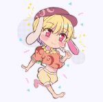  151moneco 1girl animal_ears barefoot blonde_hair blush brown_headwear cabbie_hat chibi closed_mouth commentary_request dango eating floppy_ears food full_body hat heart heart-shaped_pupils highres looking_at_viewer medium_bangs midriff orange_shirt rabbit_ears rabbit_girl rabbit_tail red_eyes ringo_(touhou) shirt short_hair short_sleeves shorts smile solo symbol-shaped_pupils tail touhou wagashi walking white_background yellow_shorts 