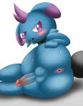 3_toes absurd_res anthro anus big_butt big_penis biped blue_body blue_fur blush bodily_fluids breath butt butt_focus curvy_figure depresso drain_(pixiv) dripping feet floppy_ears frown fur genital_fluids genitals hair half-closed_eyes hand_on_butt hand_on_own_butt hi_res humanoid_genitalia humanoid_penis looking_back low-angle_view lying male multicolored_ears narrowed_eyes nude open_frown open_mouth pal_(species) palworld penis pocketpair precum precum_drip presenting presenting_anus presenting_hindquarters purple_eyes rear_view simple_background solo sweat tail thick_thighs toes two_tone_ears white_background wide_hips