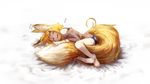  :d animal_ear_fluff animal_ears bare_shoulders bare_tree barefoot bike_shorts blonde_hair closed_eyes fox_ears fox_girl_(jaco) fox_tail highres jaco large_tail long_sleeves lying motion_lines on_side open_mouth original parted_lips ribbed_sweater short_hair sleeping smile solo sweater tail tail_hug tree 