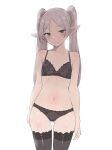  1girl air41 ass_visible_through_thighs black_bra black_panties black_thighhighs blush bra elf flat_chest frieren grey_hair highres long_hair looking_at_viewer navel panties pointy_ears simple_background smile solo sousou_no_frieren stomach thighhighs twintails underwear underwear_only very_long_hair white_background 