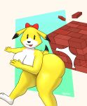 3_toes 4_fingers absurd_res action_pose anthro beady_eyes big_breasts big_butt bomberman bow_accessory bow_ribbon breasts brick_block butt digital_drawing_(artwork) digital_media_(artwork) feet female fingers gyarooi hi_res hudson_soft huge_butt konami louie_(bomberman) mammal marsupial motion_lines multicolored_body nude obsuniq open_mouth pose short_stack simple_background smile solo thick_thighs toes white_body yellow_body