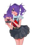  1girl :d ame-chan_(needy_girl_overdose) black_ribbon black_skirt character_doll collared_shirt cowboy_shot doll hair_ornament hair_over_one_eye hands_up holding holding_doll long_hair looking_at_viewer neck_ribbon needy_girl_overdose open_mouth purple_eyes purple_hair red_shirt ribbon shirt simple_background skirt smile solo standing suspender_skirt suspenders twintails white_background x_hair_ornament yumeno_(yume0601) 