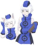  1girl animal_ears bare_shoulders blue_dress blue_gloves blue_headwear blunt_bangs breasts cat_day cat_ears closed_eyes closed_mouth commentary dress elizabeth_(persona) gloves hand_up hat high_collar isa_(peien516) light_blush medium_breasts mini_hat multiple_views pale_skin persona persona_3 short_hair sleeveless sleeveless_dress smile white_background white_hair yellow_eyes 