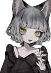  1girl animal_ears black_dress blunt_bangs brown_nails cat_ears cat_girl collarbone dress grey_hair hand_on_own_chest looking_at_viewer manuka_x_x nina_(valis) open_mouth short_hair simple_background sinsekai_studio solo spaghetti_strap upper_body valis_(sinsekai) white_background yellow_eyes 
