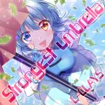 1girl album_cover blue_eyes blue_hair blue_skirt blue_sky blue_vest blush blush_stickers c-clays circle_name cloud cloudy_sky cover determined english_text falling_leaves frilled_shirt_collar frills game_cg heterochromia holding holding_umbrella juliet_sleeves karakasa_obake knee_up leaf long_sleeves official_art outstretched_arm polka_dot polka_dot_skirt puffy_sleeves red_eyes sakura_tsubame shirt short_hair skirt sky solo tatara_kogasa tongue tongue_out touhou touhou_cannonball umbrella v-shaped_eyebrows vest white_shirt 