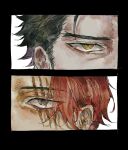  2boys @_@ black_hair dracule_mihawk hair_slicked_back highres male_focus multiple_boys one_piece red_hair scar scar_across_eye scar_on_face shanks_(one_piece) spiral-only_eyes yellow_eyes 