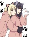  2girls animal_ear_hairband animal_ears animal_hands black_hair blonde_hair blush cat_day cat_ear_hairband cat_ears closed_mouth commentary fake_animal_ears fang gloves hairband highres hood hood_down hoodie hug hug_from_behind inoue_takina long_hair long_sleeves looking_at_viewer lycoris_recoil lycoris_uniform multiple_girls nishikigi_chisato open_mouth paw_gloves paw_print paw_print_background pink_hoodie purple_eyes red_eyes short_hair upper_body white_background yu_(yu12040309a) yuri 