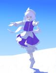  1girl :d absurdres blue_background blue_eyes blue_skirt blue_theme blue_vest frilled_skirt frills full_body gloves hat highres letty_whiterock long_sleeves looking_at_viewer open_mouth outstretched_arms plantar_flexion purple_hair roman_komarov shadow shirt short_hair skirt smile solo standing tiptoes touhou vest white_gloves white_hair white_headwear white_shirt 