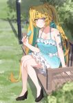  1girl absurdres animal_ear_fluff animal_ears aqua_dress aqua_eyes aqua_hair bench black_footwear blonde_hair blurry blurry_background bow breasts cleavage closed_mouth colored_inner_hair commission dress food frilled_dress frills grass heterochromia high_heels highres holding holding_food holding_popsicle long_hair multicolored_hair original park_bench popsicle sleeveless sleeveless_dress solo streaked_hair valefal_coneri vgen_commission white_bow yellow_eyes 