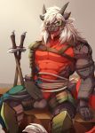  abs anthro armor balls bandage biceps clothed clothing dragon ear_piercing ear_ring erection eyewear gloves goggles hair hi_res horn male melee_weapon muscular muscular_male one_eye_closed open_mouth pecs penis piercing precum rabbity scalie sitting solo soren_ashe sweat sword tongue tongue_out topless vein veiny_penis weapon white_hair 