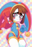  1girl asymmetrical_gloves blue_eyes blue_gloves blue_headwear blush blush_stickers brown_hair gloves hat hat_bell jester jester_cap jester_costume minimilieu mismatched_gloves multicolored_clothes multicolored_headwear pixel_art pomni_(the_amazing_digital_circus) puffy_sleeves red_eyes red_gloves red_headwear solo striped_clothes striped_headwear the_amazing_digital_circus two-tone_eyes vertical-striped_bodysuit vertical-striped_clothes vertical-striped_headwear 