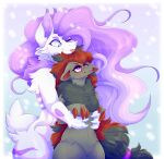 absurd_res anthro blep claws duo embrace female female/female fur generation_5_pokemon hair hi_res hisuian_form hisuian_zoroark hug hugging_from_behind lillie_(lillielalixy) muky-cuddly nintendo pink_hair pokemon pokemon_(species) rayleigh_(lalixyrose) red_hair regional_form_(pokemon) tongue tongue_out zoroark