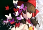  1girl ascot black_background black_hair blunt_bangs bow bug butterfly butterfly_on_hand detached_sleeves expressionless frilled_bow frilled_hair_tubes frills hair_bow hair_tubes hakurei_reimu highres long_hair looking_at_viewer parted_lips purple_butterfly red_bow red_butterfly red_eyes red_ribbon ribbon ribbon-trimmed_sleeves ribbon_trim shirt sidelocks solo touhou upper_body uzumibi white_butterfly white_shirt yellow_ascot 