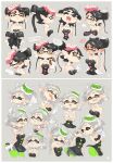  2girls bare_arms black_dress black_hair black_jumpsuit bow-shaped_hair breasts callie_(splatoon) cleavage collarbone cousins detached_collar dress earrings fangs food food_on_head gloves green_pantyhose grey_hair highres hoop_earrings jewelry jumpsuit long_hair marie_(splatoon) mole mole_under_eye multiple_girls multiple_views object_on_head pantyhose pointy_ears short_jumpsuit splatoon_(series) squid_girl sushi swept_bangs tentacle_hair thick_eyebrows white_gloves yellow_eyes yuta_agc 