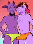 2_horns anthro athletic athletic_anthro athletic_male bottomwear bovid brown_hair brunkdutt bulge caprine chest_tuft choker clothed clothing collar colored detailed_bulge digital_drawing_(artwork) digital_media_(artwork) duo ear_piercing ear_ring ears_down erection erection_under_clothing facial_piercing fingers flat_colors fur genitals goat hair half-closed_eyes hand_around_waist hand_on_butt hi_res horn jewelry kidden_eksis looking_at_viewer male mammal narrowed_eyes necklace nose_piercing nose_ring open_mouth partially_clothed penis piercing pivoted_ears pose purple_body purple_fur purple_hair purple_skin ring_piercing scotch_(artist) septum_piercing septum_ring simple_background smile teeth thong toony tuft underwear yagi_(scotch) yellow_eyes