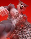 2024 3d_(artwork) anthro balls bigkami blender_(software) building building_destruction canid canine canis destruction digital_media_(artwork) erection evil_grin fist genitals hi_res humanoid_genitalia humanoid_penis low-angle_view macro male mammal muscular muscular_anthro muscular_male nude penile penis rampage simple_background smile solo tail teeth wolf wreckage