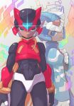  2boys abs black_bodysuit black_eyes blonde_hair blue_eyes blue_robe bodysuit bodysuit_under_clothes covered_navel crop_top crotch_plate cyber_elf_x_(mega_man) forehead_jewel from_side glowing helmet long_hair looking_at_viewer mega_man_(series) mega_man_zero_(series) multiple_boys robe vani_(hisha_04) x_(mega_man) zero(z)_(mega_man) zero_(mega_man) 