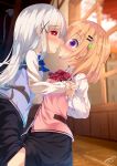  2girls black_skirt blue_neckwear blue_vest blurry blurry_background blush bow bowtie breasts chinomaron collared_shirt commentary_request dark_persona day demon_tail depth_of_field fingernails gochuumon_wa_usagi_desu_ka? hair_ornament hairclip heart heart-shaped_pupils highres hoto_cocoa indoors interlocked_fingers kafuu_chino light_brown_hair long_hair long_skirt long_sleeves multiple_girls nose_blush parted_lips pink_vest profile puffy_long_sleeves puffy_sleeves purple_eyes rabbit_house_uniform red_eyes red_neckwear saliva saliva_trail shirt signature silver_hair skirt sleeves_past_wrists small_breasts sunlight symbol-shaped_pupils tail tail_raised tongue tongue_out twitter_username uniform very_long_hair vest waitress white_shirt window x_hair_ornament yuri 