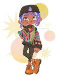  1boy black_headwear black_pants blue_hair brown_footwear closed_mouth cross-laced_footwear crossed_legs dark-skinned_male dark_skin full_body gradient_hair highres male_focus medium_hair multicolored_hair multicolored_sweater octoling_boy octoling_player_character pants pokuru666 purple_eyes purple_hair shoes sleeves_past_wrists smile solo splatoon_(series) standing tentacle_hair thick_eyebrows two-tone_hair white_background 