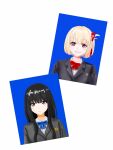  2girls black_hair black_jacket blazer blonde_hair blue_bow blue_bowtie bob_cut bow bowtie clenched_teeth closed_mouth collared_shirt commentary doodle943545 dress_shirt grin hair_ribbon hashtag_only_commentary highres inoue_takina jacket long_hair looking_at_viewer lycoris_recoil multiple_girls nishikigi_chisato one_side_up portrait purple_eyes red_bow red_bowtie red_eyes red_ribbon ribbon school_uniform shirt short_hair sidelocks smile teeth white_shirt 